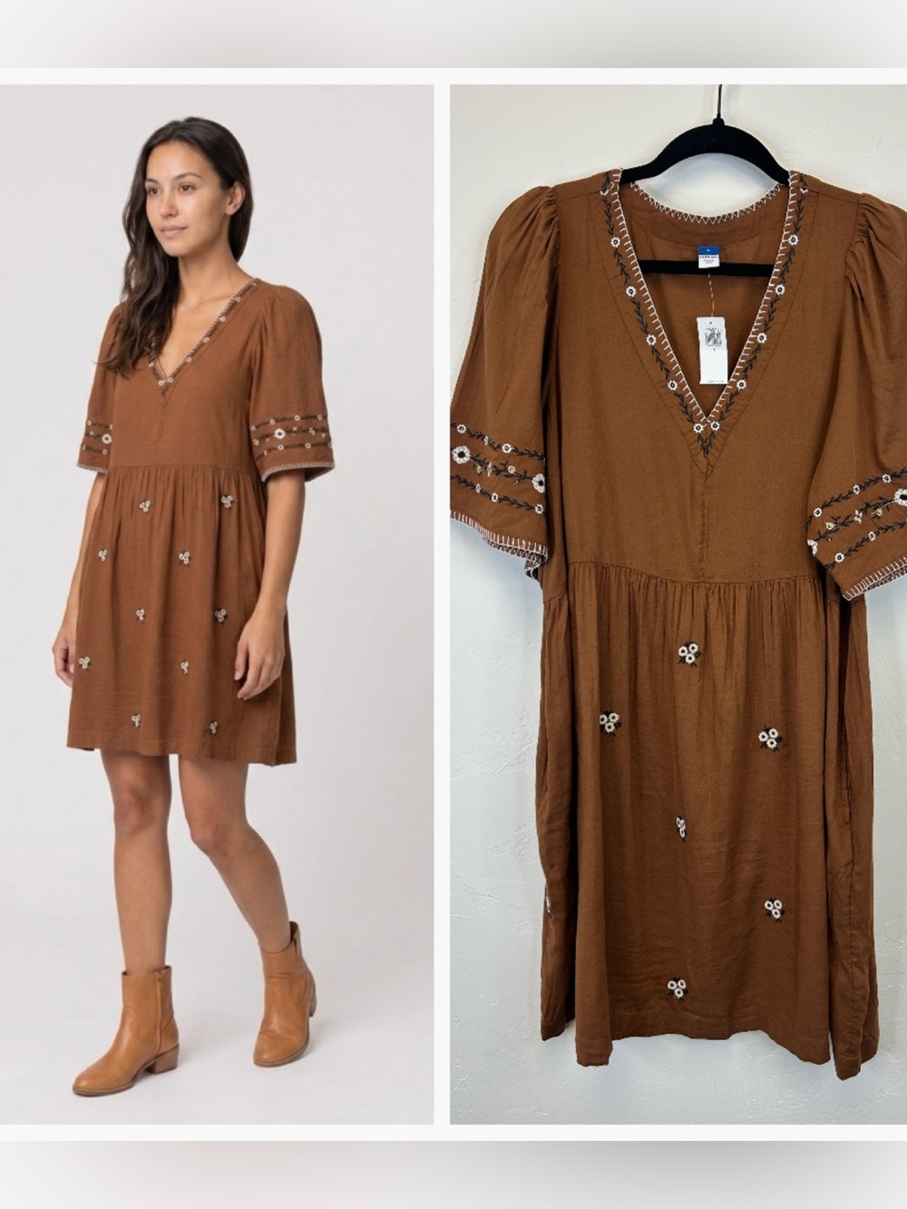 Boho Cottagecore Country Embroidered Floral V-Neck Dress Size L NWT Puff Sleeve